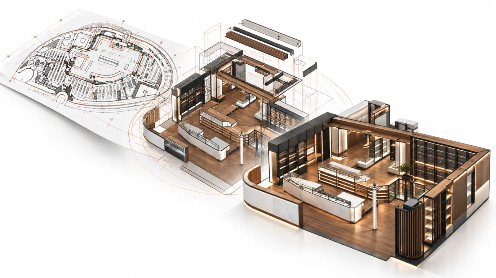 Du plan de la galerie marchande à la boutique aménagée en 3D